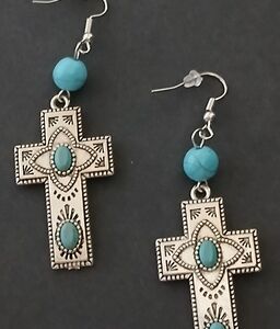Cross Earrings In Turqoise and Silver